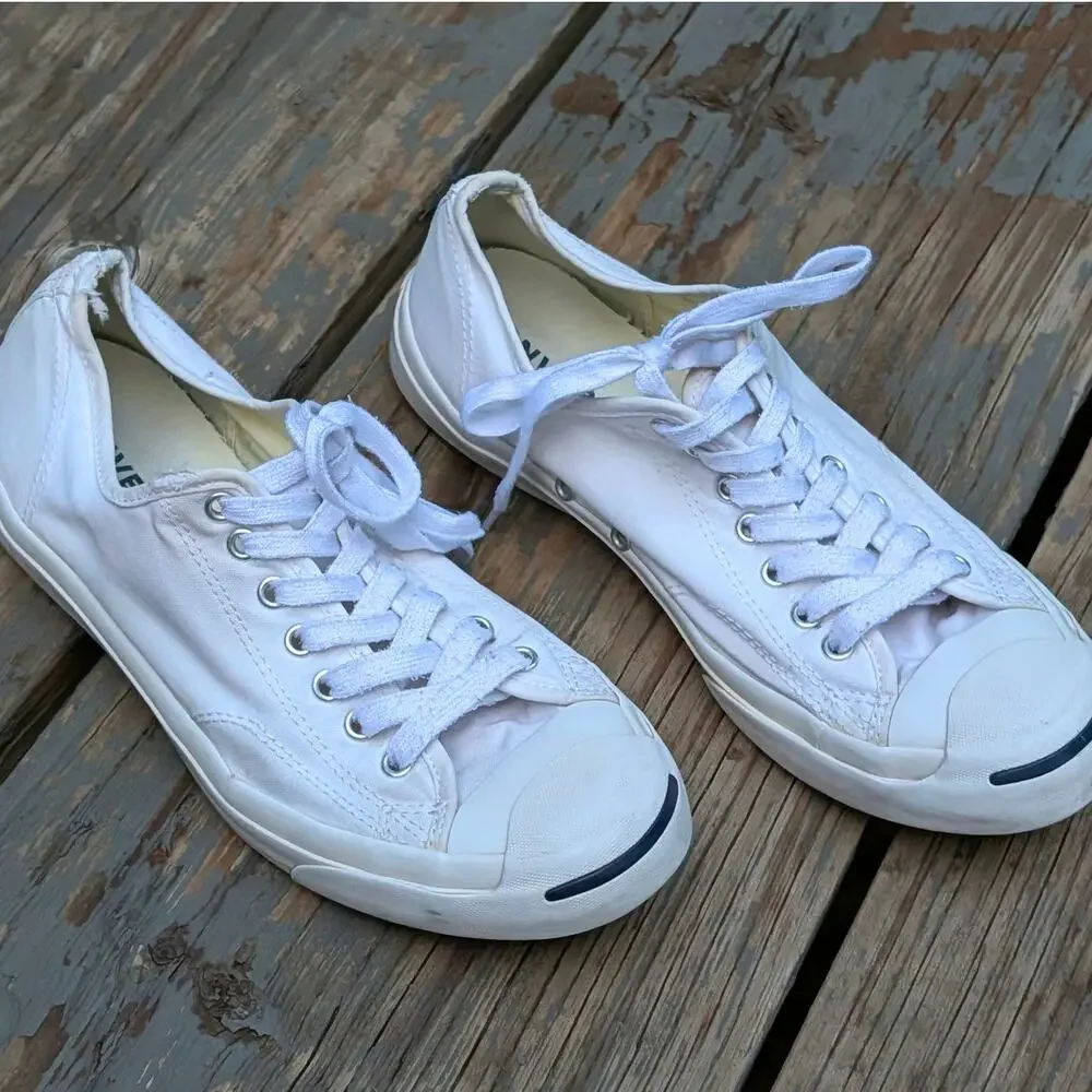 Converse Jack Purcell Low Top White Canvas Sneakers Mens 9.5 Womens 11 Smile Toe